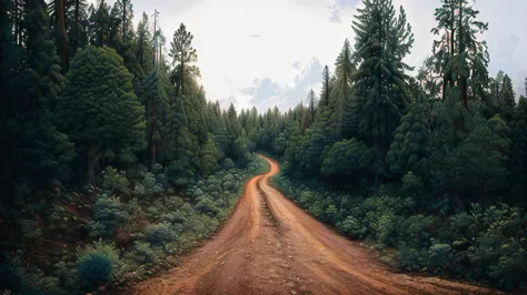 there is a dirt estrada that is winding through the woods, estrada between tall trees, estrada in a forest estrada, dirt estrada...