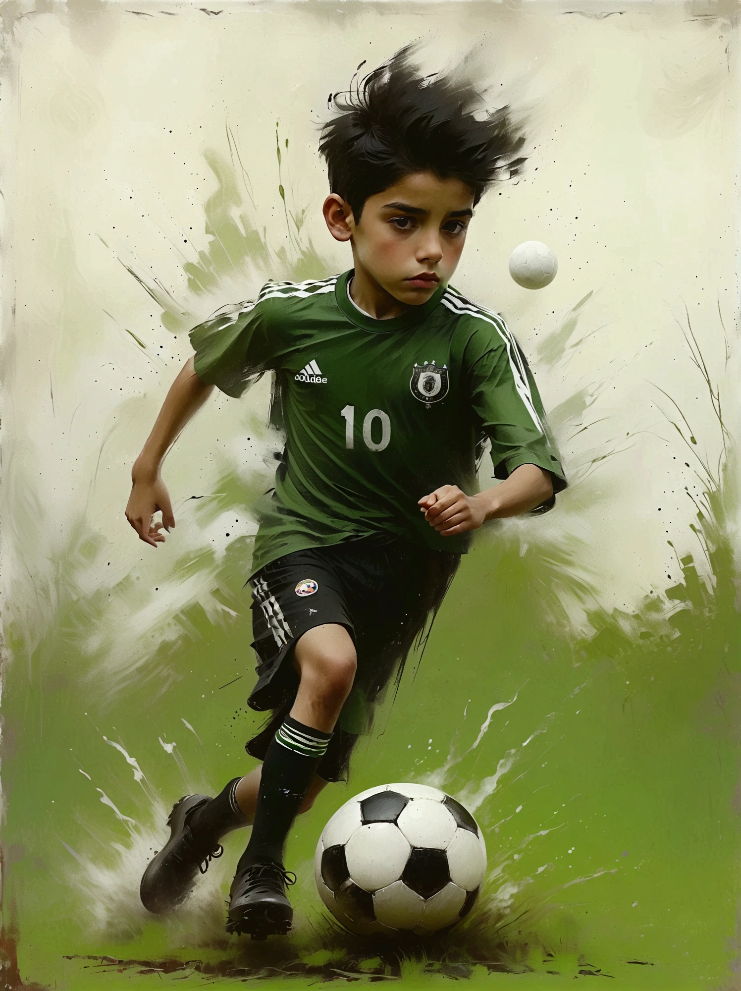 A young Hispanic boy with short black hair enthusiastically playing football. He's wearing a green and white jersey, black shorts, and football boots. His eyes are solely focused on the approaching ball, as he is about to kick it with all his might. His expressive face exhibits determination and passion for the game. The sunlit field in the background is vibrant with green grass, marking lines clearly visible. Players of multiple descents and genders are seen in the distance, preparing to engage in the play once the ball is in motion.