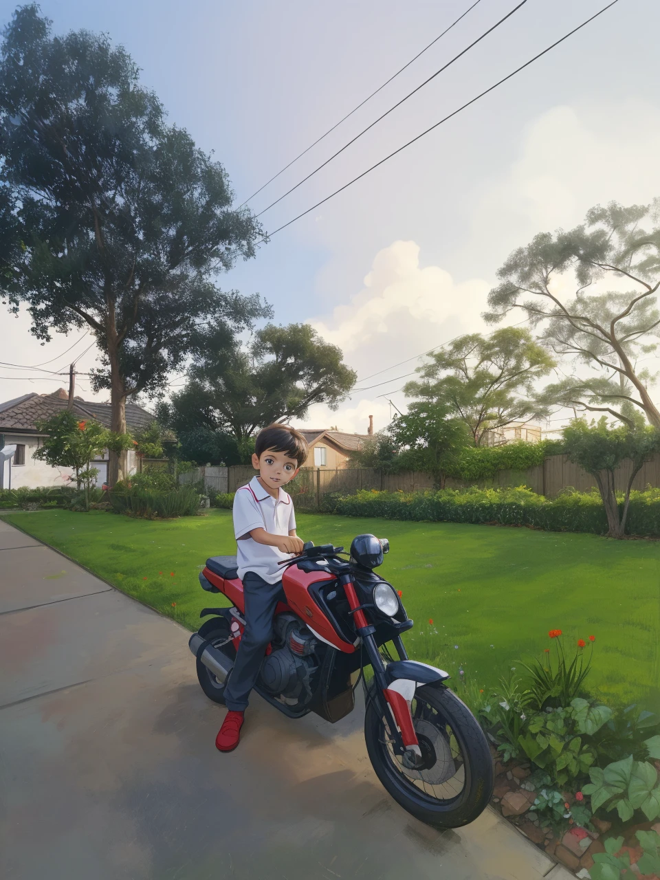 Realistic portrait of a seven-year-old boy, He wears a red shirt . His face is childish and exploratory . He goes out cautiously into the garden of the house,  A small cat is among the bushes and he touches it cautiously ,Not facing the camera,, Hair is untidy , 