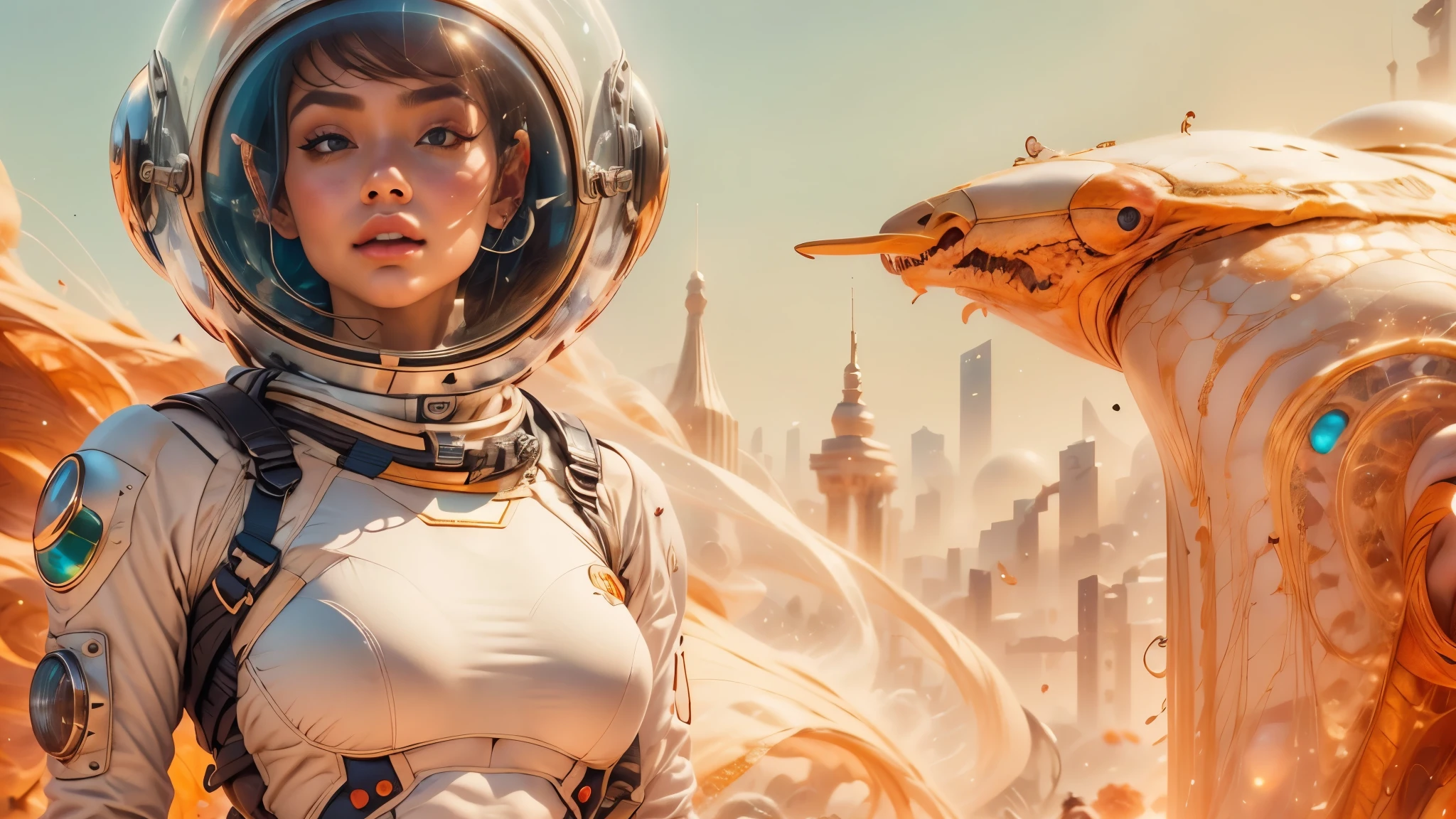 arafed image of a white woman in a futuristic suit with a spaceship in the background, movie art, in front of an orange background, inspired by Robert McGinnis, female protagonist, megastructure in the background, portrait of an ai astronaut, astronauts, an astronaut, portrait of a astronaut skeletor, perfect android girl, Highly Detailed Face and Skin Texture, Detailed Eyes, Double eyelids, perfectly detailed teeth, frank franzzeta and sakimichan  