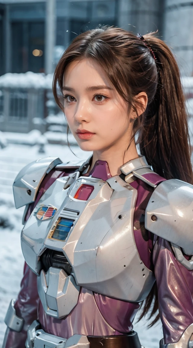 schönes junges Mädchen, Pferdeschwanzhaar, braune Haare, wunderschöne Augen, schönes Gesicht, RAW-Foto, 8k, Hochdetailliert, (Gundam), blasse Lippen, weiße Haut, Strukturierte Haut, (schöne Cyborg-Frau), (hübsches Mädchen), Mecha-Cyborg-Mädchen-Kampfmodus, Mädchen mit einem Mecha-Körper, she wears a futuristic Gundam mecha, Ganzkörperaufnahme