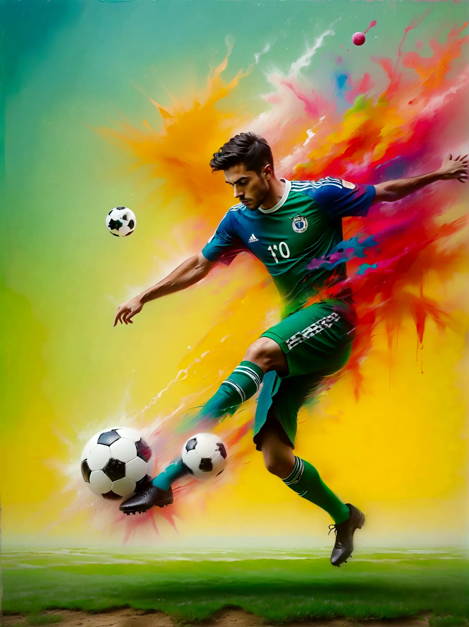 a unique concept where one half of the image showcases a real-life scene of a soccer player about to kick the ball on a vibrant ...