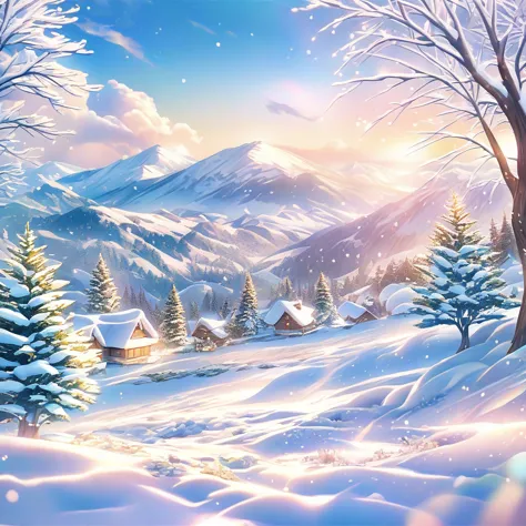 snow scene，snow，mountains，plant（（（romantic atmosphere）））（（（fairy tale elements）））（（（masterpiece）））， （（best quality））