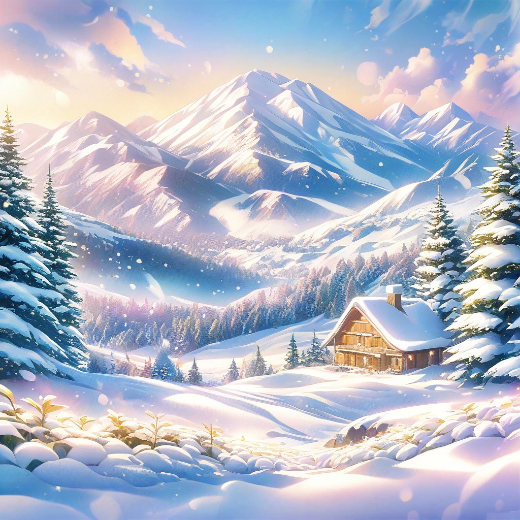 Snow Scene，snow，Mountains，plant（（（Romantic atmosphere）））（（（fairy tale elements）））（（（masterpiece）））， （（best quality））