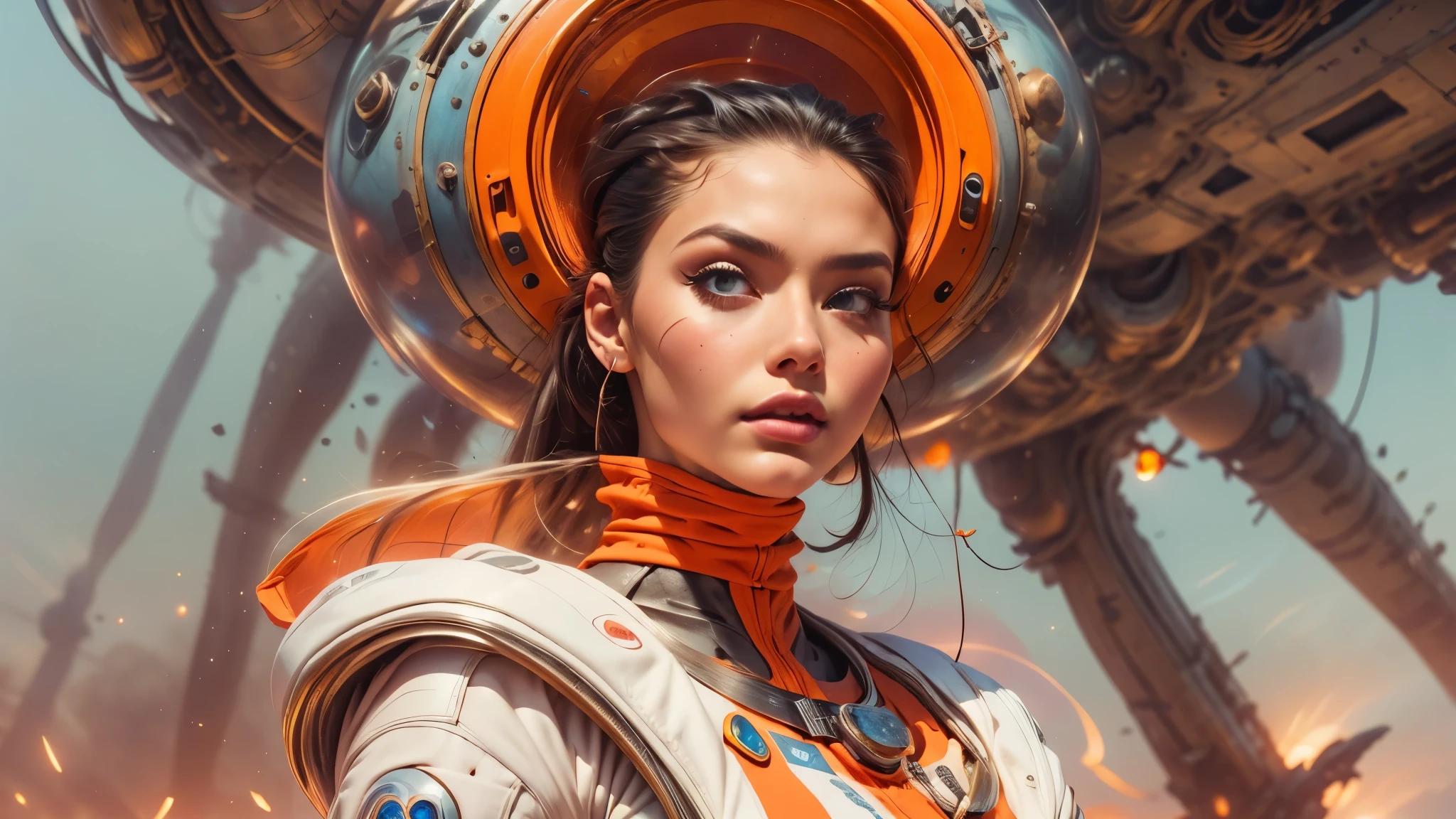 arafed image of a white woman in a futuristic suit with a spaceship in the background, movie art, in front of an orange background, inspired by Robert McGinnis, female protagonist, megastructure in the background, portrait of an ai astronaut, astronauts, an astronaut, portrait of a astronaut skeletor, perfect android girl, Highly Detailed Face and Skin Texture, Detailed Eyes, Double eyelids, perfectly detailed teeth, frank franzzeta and sakimichan  