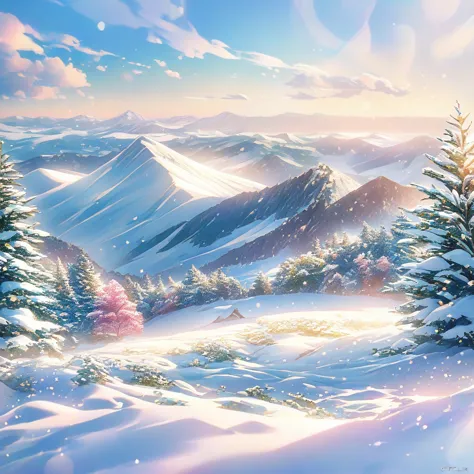 snow scene，snow，the peak，plant（（（romantic atmosphere）））（（（fairy tale elements）））（（（masterpiece）））， （（best quality））