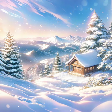 snow scene，snow，the peak，plant（（（romantic atmosphere）））（（（fairy tale elements）））（（（masterpiece）））， （（best quality））