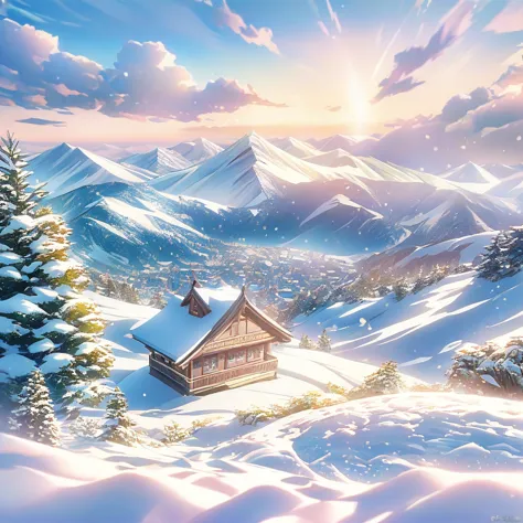 snow scene，snow，the peak，plant（（（romantic atmosphere）））（（（fairy tale elements）））（（（masterpiece）））， （（best quality））