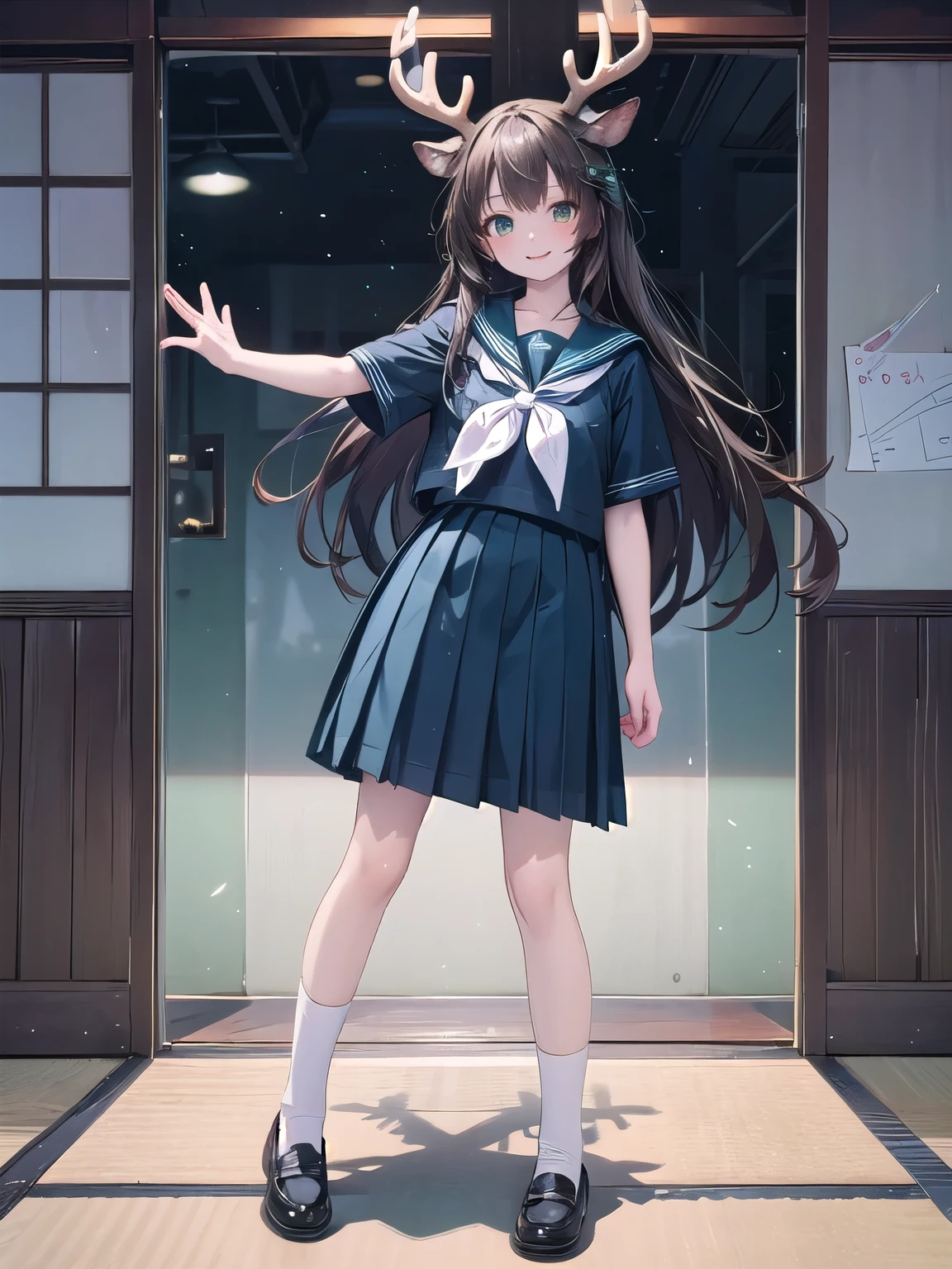 best quality, 1girl, long hair, brown hair, shirt hair, green eyes, serafuku, deer girl, deer antlers, (white/blue, japanese school shirt), sailor collar, cyan sailor collar, neckerchief, short sleeves, blue skirt, white socks, black shoes, smile, standing, indoor