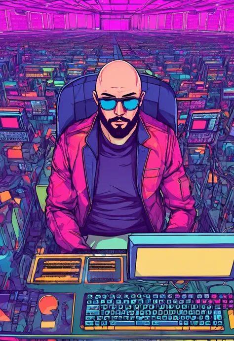 A bald guy, short beard, sunglasses, athletic body, in jacket, with a keyboard and monitor in front of you, POV view.