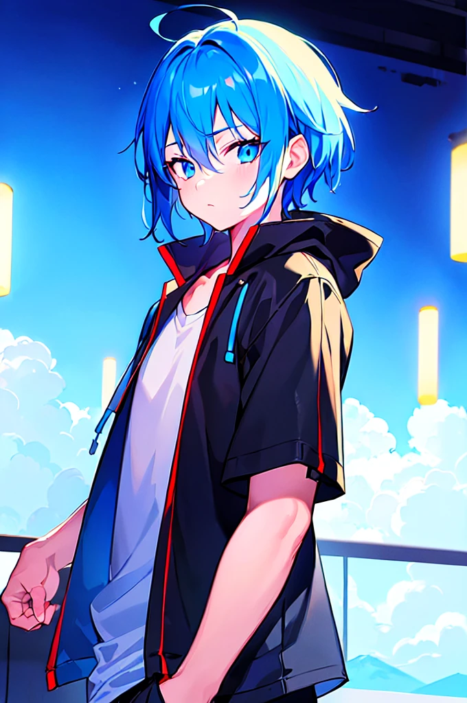 [(ATMOSPHERE BACKGROUND:1.5),::5], ((((masterpiece)))), high quality, ultra very high resolution, full color, (((solo))), ((little boy)), oriental Blue hair, (oriental blue eyes), anime, ((upper body)), neon light, black parka, 