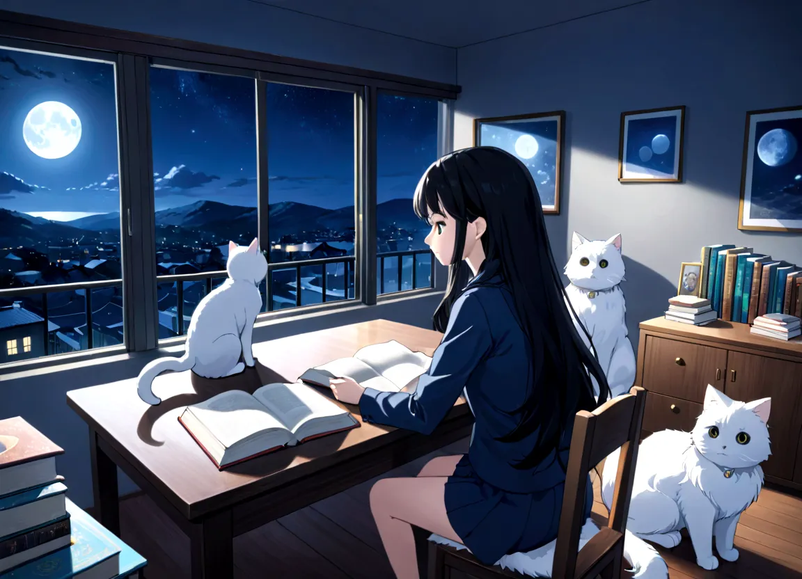 ((beautiful)) ((masterpiece)) ((anime style)) women, black hair, long hair, black eyes, reading books, clean room, sitting near ...