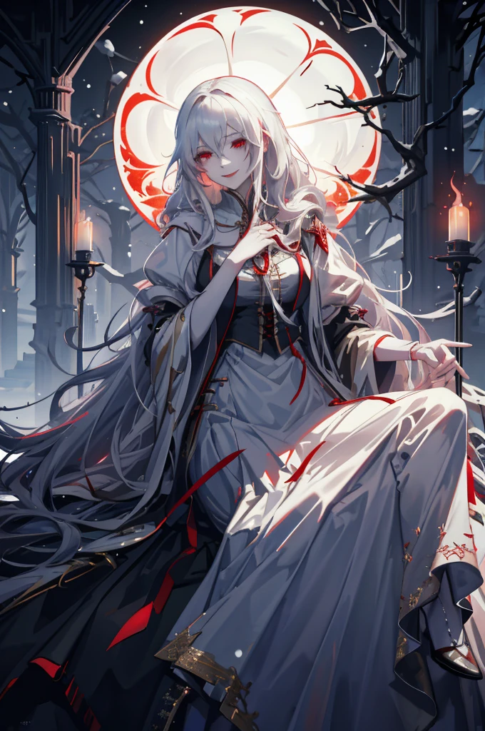 (very delicate, Masterpiece, Excellent lighting and shadows, HD wallpaper 8K), woman, Pale white skin, red eyes, The whites of the eyes are black, sharp eyes, Long hair with curls at the ends, snow white hair, evil smile, Shark Teeth, Wear medieval French clothing, Holding a parasol, amidst flames.