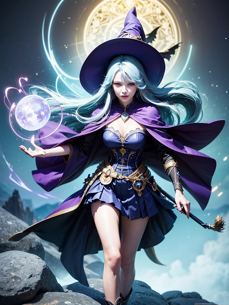 In the middle of so the storm on the stone field stand beatiful witch, she have a beautiful face with blue eyes shining purple lipstick and purple eye shadows, she have long blue hair with purple highlights, she dressed in black long coat short skirt high heels shoes and witch hat on her head , there is lighnings all around her, (ultra high quality fantasy art, anime fantasy style, masterpiece, ultra high quality character design, 8k quality anime art, realistic anime art, top quality wallpaper illustration, detailed ultra high quality accurate face, high quality design and accurate physic)