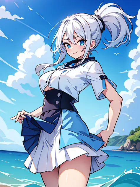 pretty,sexy,wind,white hair,ponytail,blue clothes,Blue Eyes,Adult,busty,skirt,breasts visible,smiling face