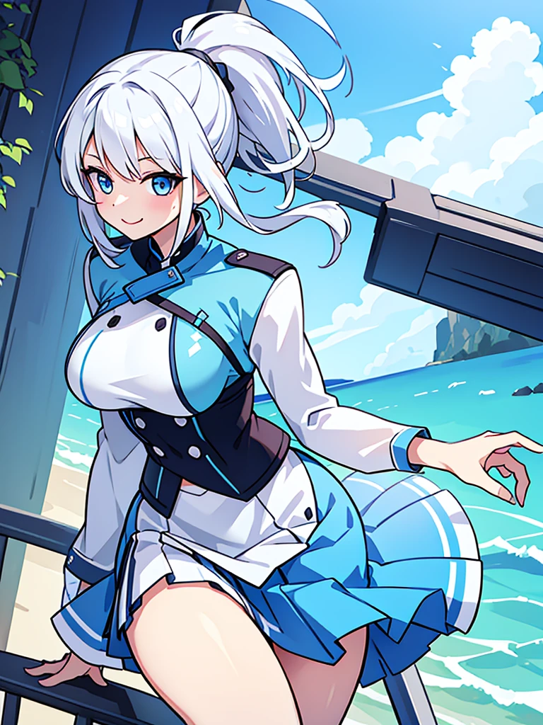 pretty,sexy,wind,white hair,ponytail,blue clothes,Blue Eyes,Adult,busty,skirt,breasts visible,smiling face