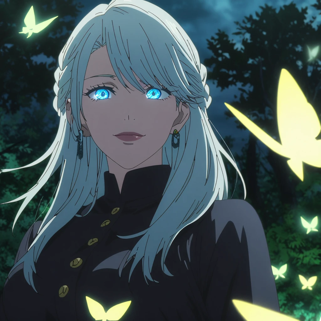 1girl, female gojo satoru, anime screencap from jujutsu kaisen, gojo satoru female version, solo, medium_hair, ((Blue universal eyes)) (( Silver_hair braid )), night view, (hanging breasts) upper_body, smile, forest background, glowing butter fly, book, Blue_eyes, lips, (swept bangs) ((wearing black colour outfit with button)) breast, "very detailed and high resolution" (Blue eyes) (cross arms)  (( hair braid )) ((solo)) (front view) (earings) ((high resolution)) ((good quality)) ((swept bangs))