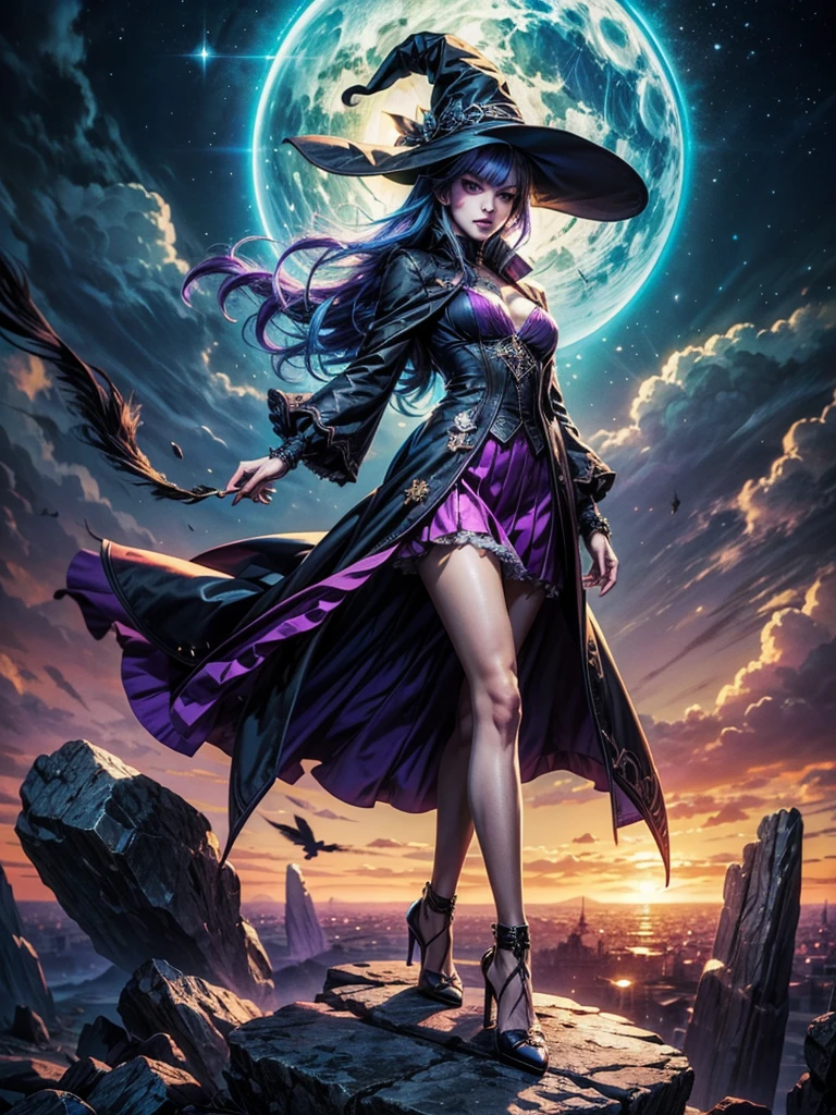 In the middle of so the storm on the stone field stand beatiful witch, she have a beautiful face with blue eyes shining purple lipstick and purple eye shadows, she have long blue hair with purple highlights, she dressed in black long coat short skirt high heels shoes and witch hat on her head , there is lighnings all around her, (ultra high quality fantasy art, anime fantasy style, masterpiece, ultra high quality character design, 8k quality anime art, realistic anime art, top quality wallpaper illustration, detailed ultra high quality accurate face, high quality design and accurate physic)