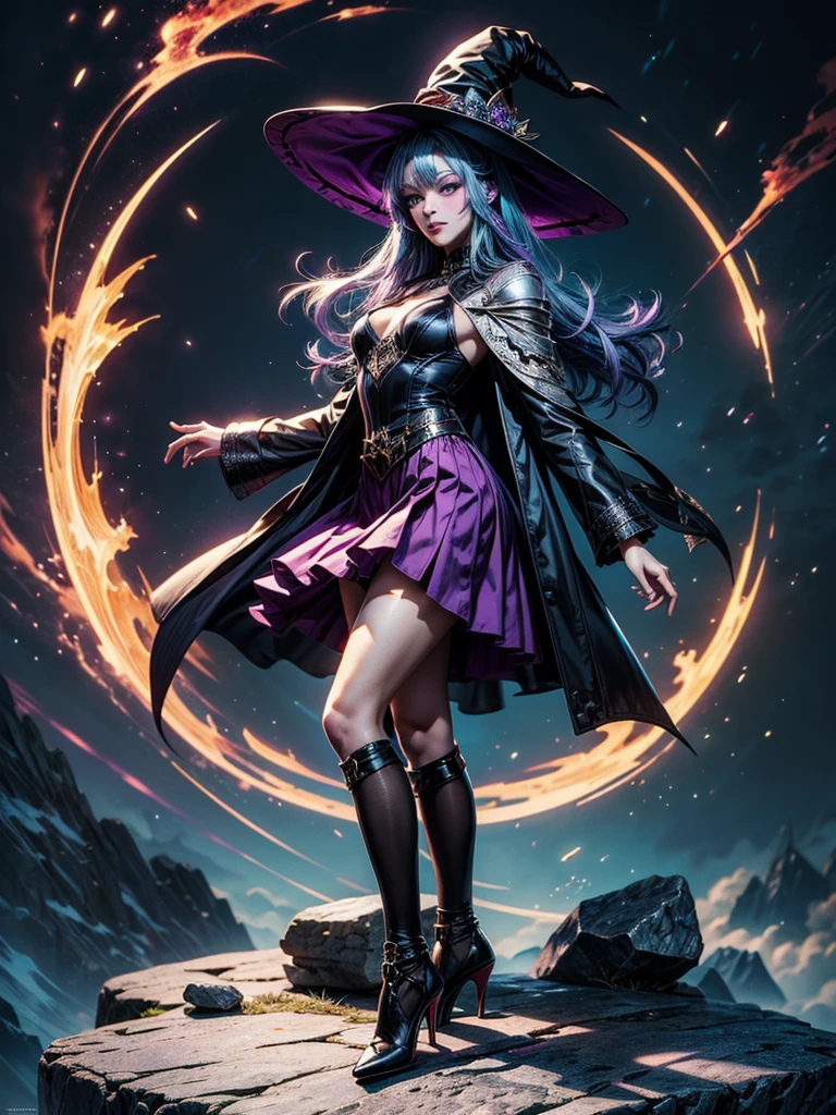 In the middle of so the storm on the stone field stand beatiful witch, she have a beautiful face with blue eyes shining purple lipstick and purple eye shadows, she have long blue hair with purple highlights, she dressed in black long coat short skirt high heels shoes and witch hat on her head , there is lighnings all around her, (ultra high quality fantasy art, anime fantasy style, masterpiece, ultra high quality character design, 8k quality anime art, realistic anime art, top quality wallpaper illustration, detailed ultra high quality accurate face, high quality design and accurate physic)