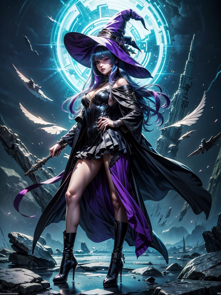 In the middle of so the storm on the stone field stand beatiful witch, she have a beautiful face with blue eyes shining purple lipstick and purple eye shadows, she have long blue hair with purple highlights, she dressed in black long coat short skirt high heels shoes and witch hat on her head , there is lighnings all around her, (ultra high quality fantasy art, anime fantasy style, masterpiece, ultra high quality character design, 8k quality anime art, realistic anime art, top quality wallpaper illustration, detailed ultra high quality accurate face, high quality design and accurate physic)