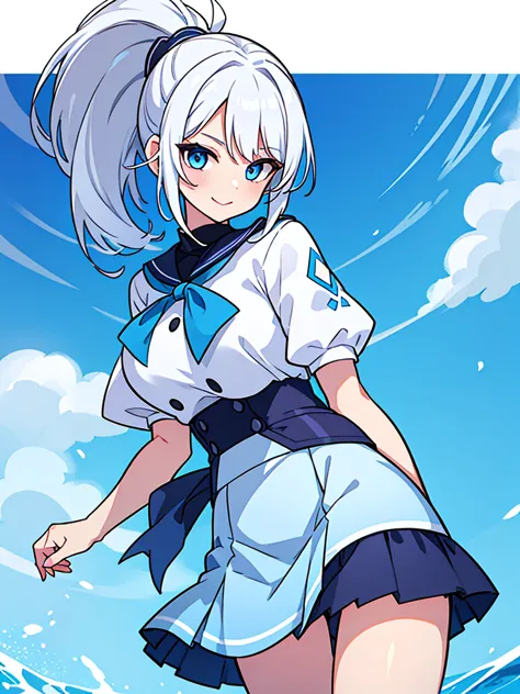 pretty,sexy,wind,white hair,ponytail,blue clothes,Blue Eyes,Adult,busty,skirt,smiling face