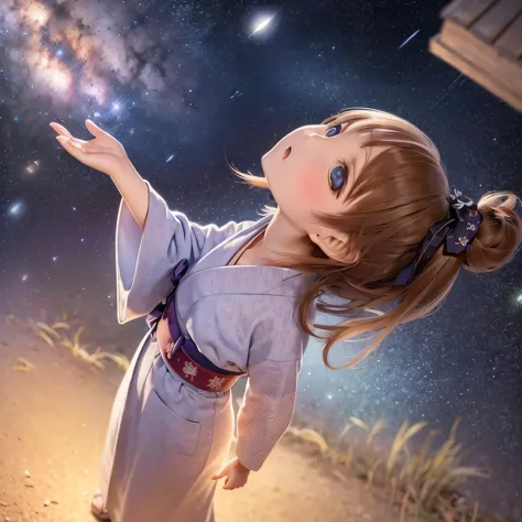  girls(((Rural landscape)))Looking up at the Milky Way in the night sky (((((look up at the sky)))))wear a yukata