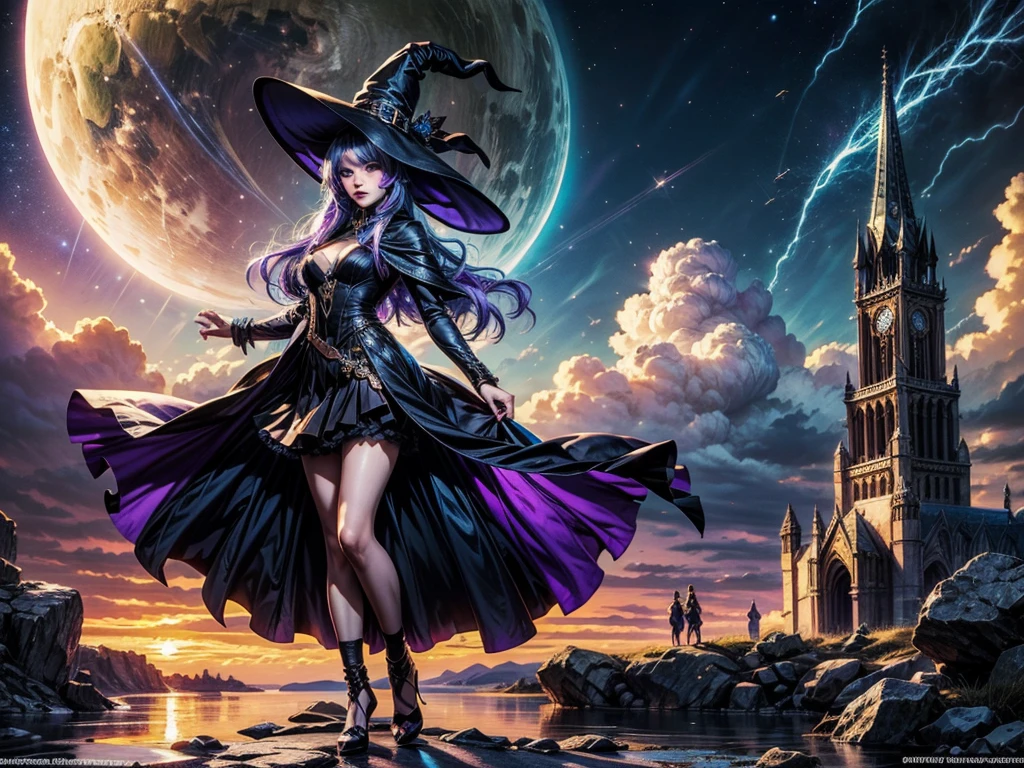 In the middle of so the storm on the stone field stand beatiful witch, she have a beautiful face with blue eyes shining purple lipstick and purple eye shadows, she have long blue hair with purple highlights, she dressed in black long coat short skirt high heels shoes and witch hat on her head , there is lighnings all around her, (ultra high quality fantasy art, anime fantasy style, masterpiece, ultra high quality character design, 8k quality anime art, realistic anime art, top quality wallpaper illustration, detailed ultra high quality accurate face, high quality design and accurate physic)