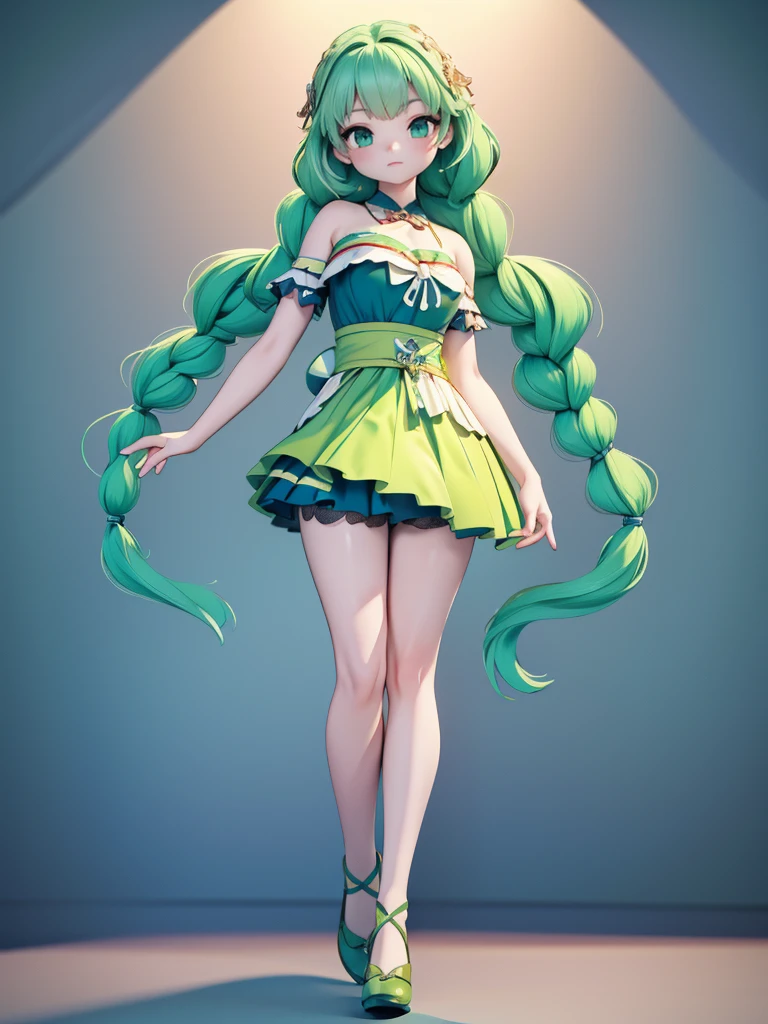 Seizo Watase style, Simple Line Initialism，Abstract art, 3d character, colorful hearts ,(((The most beautiful girl of all time))),  (full body 1.2), only girl,20 year old, full body, (((8k))), (((3d)), light green hair, braiding