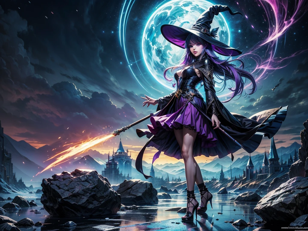 In the middle of so the storm on the stone field stand beatiful witch, she have a beautiful face with blue eyes shining purple lipstick and purple eye shadows, she have long blue hair with purple highlights, she dressed in black long coat short skirt high heels shoes and witch hat on her head , there is lighnings all around her, (ultra high quality fantasy art, anime fantasy style, masterpiece, ultra high quality character design, 8k quality anime art, realistic anime art, top quality wallpaper illustration, detailed ultra high quality accurate face, high quality design and accurate physic)