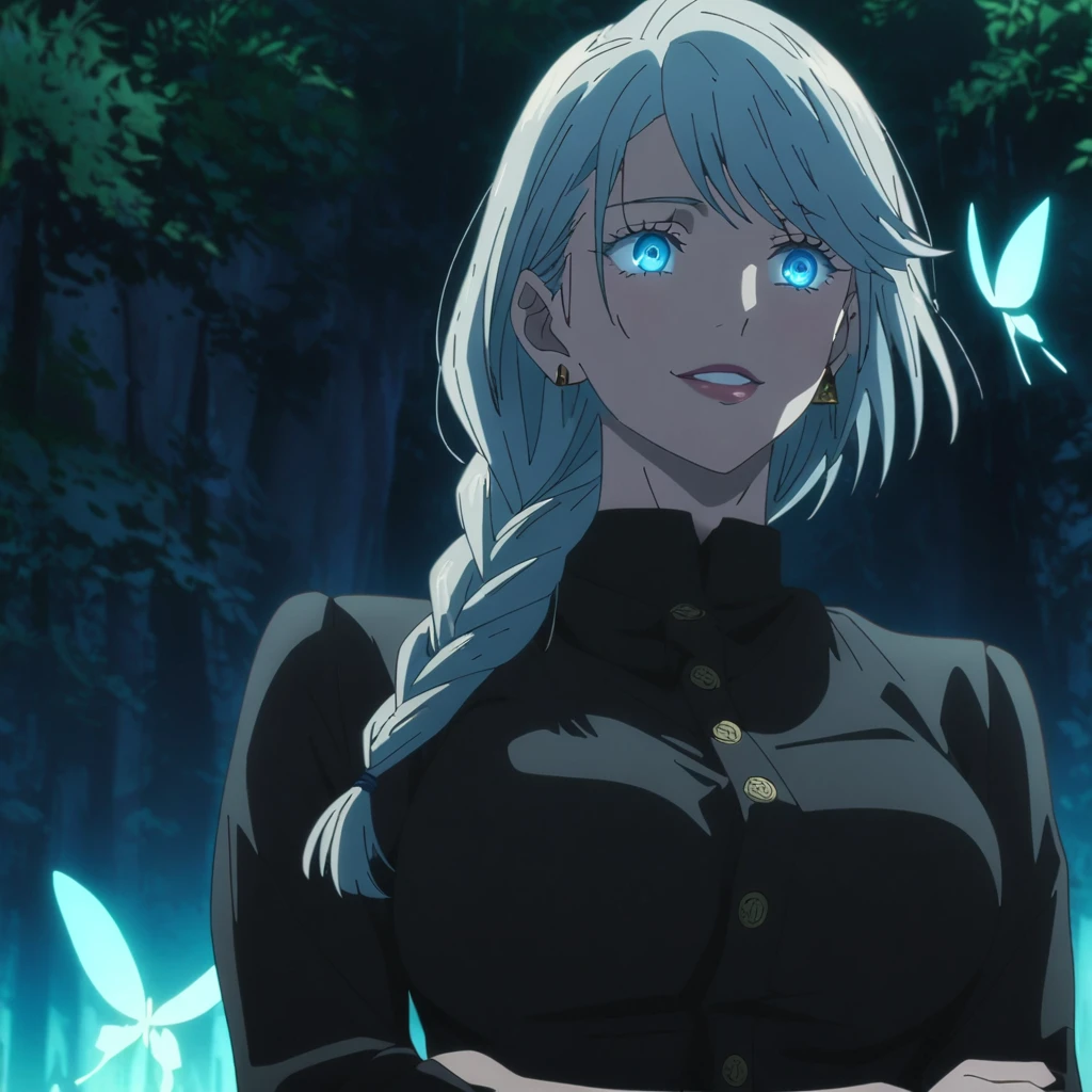 1girl, female gojo satoru, anime screencap from jujutsu kaisen, gojo satoru female version, solo, medium_hair, ((Blue universal eyes)) (( Silver_hair braid )), night view, (hanging breasts) upper_body, smile, forest background, glowing butter fly, book, Blue_eyes, lips, (swept bangs) ((wearing black colour outfit with button)) breast, "very detailed and high resolution" (Blue eyes) (cross arms)  (( single braid )) ((solo)) (front view) (earings) ((high resolution)) ((good quality)) ((swept bangs))