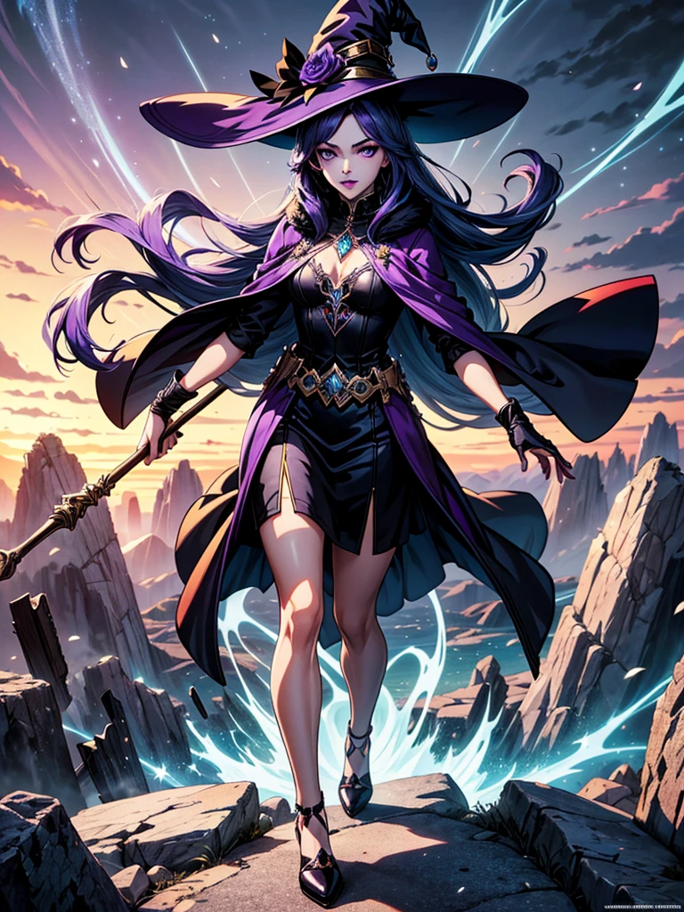 In the middle of so the storm on the stone field stand beatiful witch, she have a beautiful face with blue eyes shining purple lipstick and purple eye shadows, she have long blue hair with purple highlights, she dressed in black long coat short skirt high heels shoes and witch hat on her head , there is lighnings all around her, (ultra high quality fantasy art, anime fantasy style, masterpiece, ultra high quality character design, 8k quality anime art, realistic anime art, top quality wallpaper illustration, detailed ultra high quality accurate face, high quality design and accurate physic)