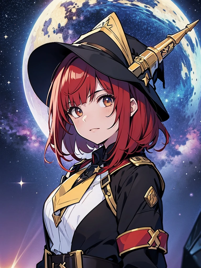 Teenage girl with red hair, short bob hair, wizard's hat, black clothes, wizard's wand, starry sky background