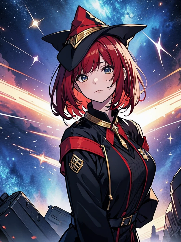 Teenage girl with red hair, short bob hair, wizard's hat, black clothes, wizard's wand, starry sky background