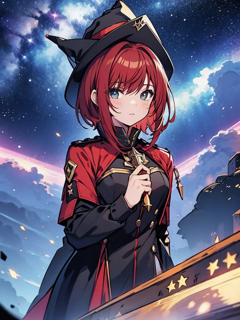 Teenage girl with red hair, short bob hair, wizard's hat, black clothes, wizard's wand, starry sky background