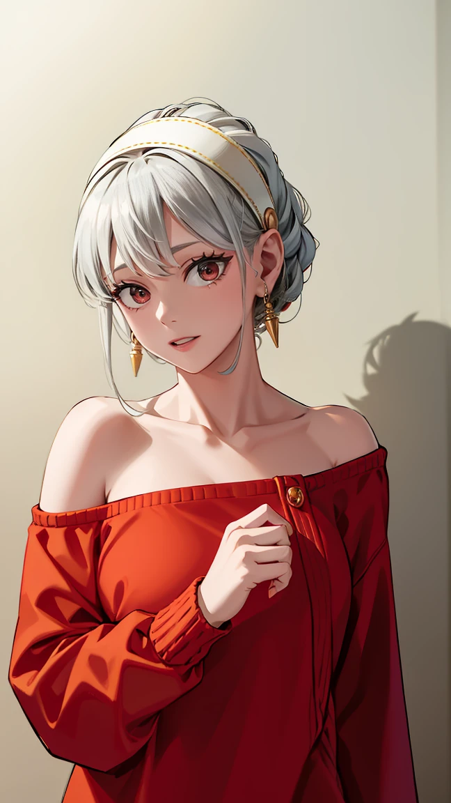 A high resolution、masterpiece、1 girl in、Bjorf, short hair with long strands, white hair band, grin、Bring your face closer、Red eyes, gold earrings, jewelry, off the shoulders, red sweater, sweater dress, long sleeves, 24 years、high