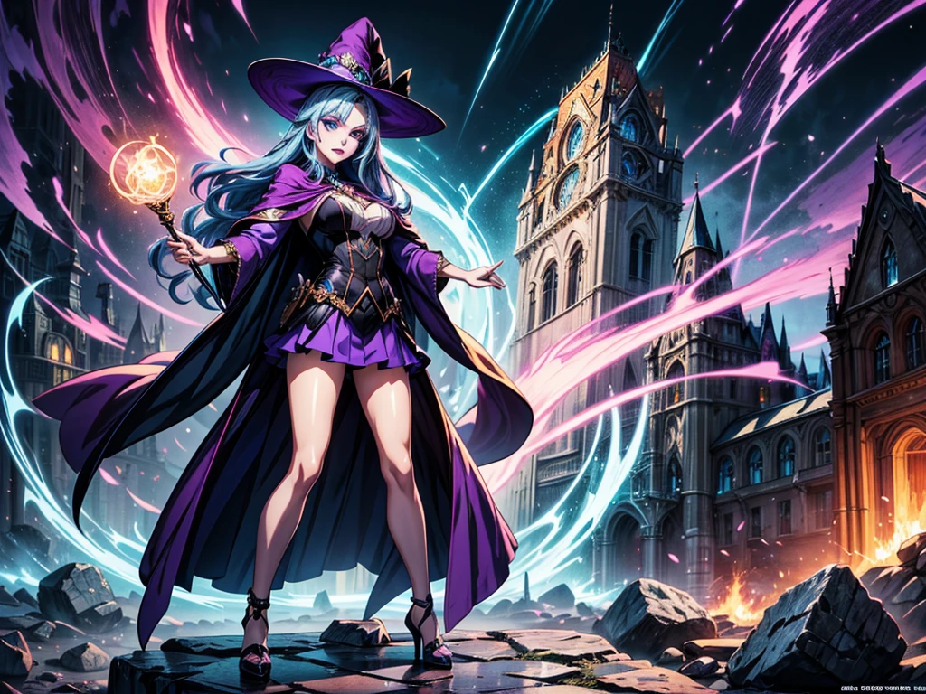 In the middle of so the storm on the stone field stand beatiful witch, she have a beautiful face with blue eyes shining purple lipstick and purple eye shadows, she have long blue hair with purple highlights, she dressed in black long coat short skirt high heels shoes and witch hat on her head , there is lighnings all around her, (ultra high quality fantasy art, anime fantasy style, masterpiece, ultra high quality character design, 8k quality anime art, realistic anime art, top quality wallpaper illustration, detailed ultra high quality accurate face, high quality design and accurate physic)