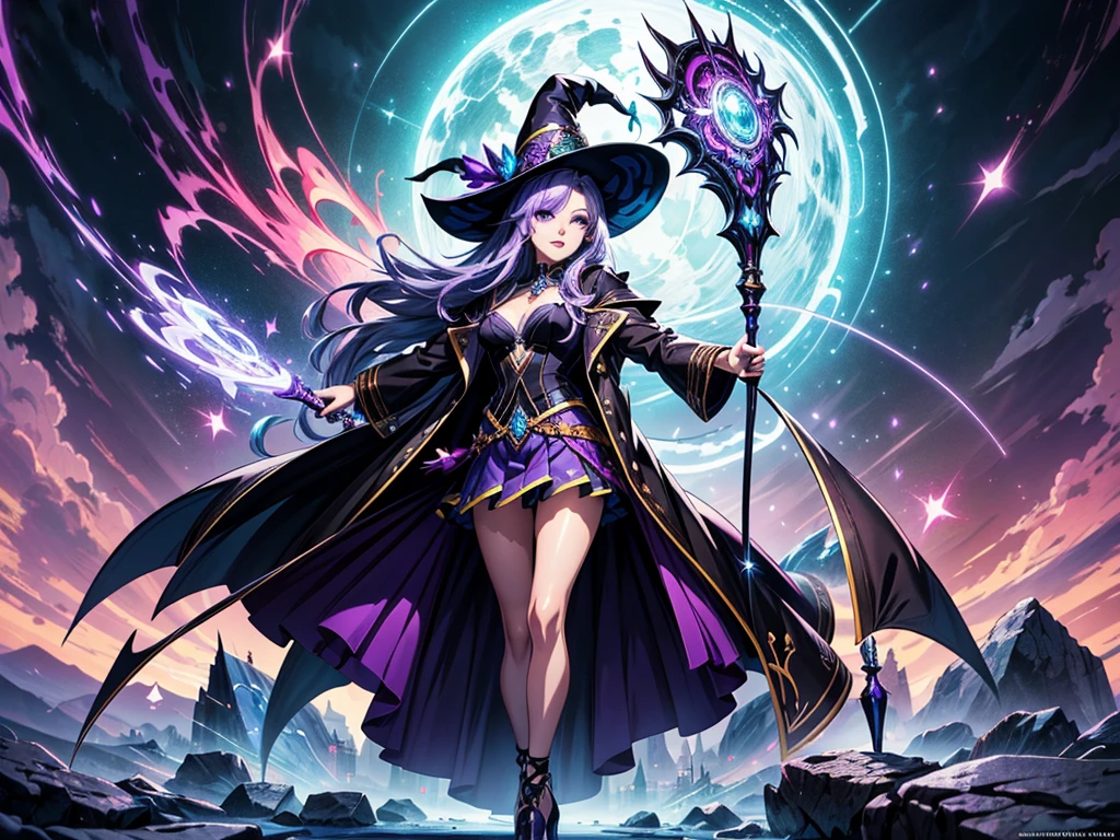 In the middle of so the storm on the stone field stand beatiful witch, she have a beautiful face with blue eyes shining purple lipstick and purple eye shadows, she have long blue hair with purple highlights, she dressed in black long coat short skirt high heels shoes and witch hat on her head , there is lighnings all around her, (ultra high quality fantasy art, anime fantasy style, masterpiece, ultra high quality character design, 8k quality anime art, realistic anime art, top quality wallpaper illustration, detailed ultra high quality accurate face, high quality design and accurate physic)