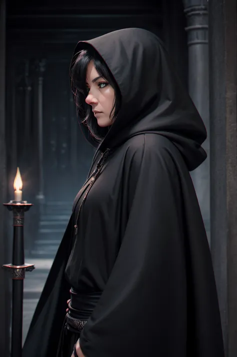 A middle-aged woman, with a black hooded cloak and a huge sword on his back, sat with a serious expression in the temple at nigh...