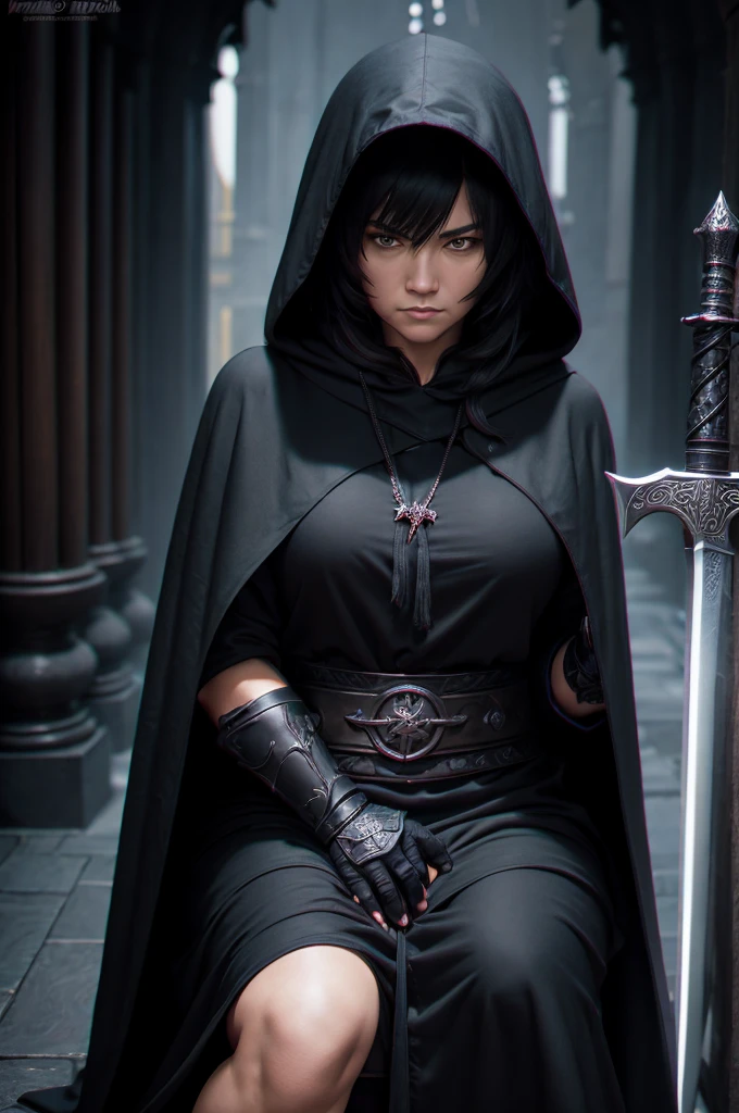 A middle-aged woman, with a black hooded cloak and a huge sword on his back, sat with a serious expression in the temple at nightPerfect details, frontal view, facing the camera, ultra-high definition, 32K, medium shot, anime style, 000068