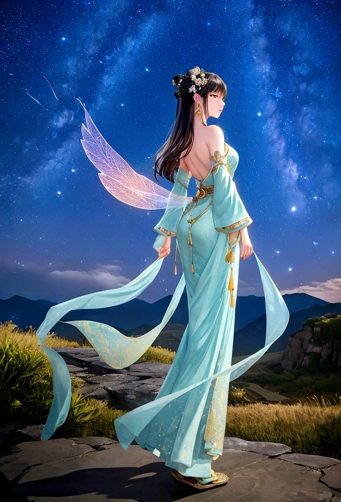 杰作, 最好的质量: 1.4)， 详细背景，中国古代美丽的女仙子、一名女性、后视图、优美的站姿、脚下的云朵、飘带，纱布，飘然，仰角，银河真是奇妙，满月是空的，