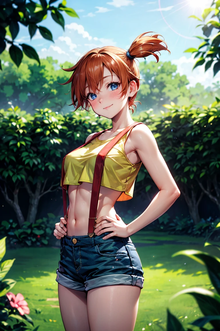 from side, belowview,,Dutchangle,soro focus.,(upperbody:1),(,best quality, ultra detailed),superfineillustration,anime studio,highly detailed, (detailed background, complex background:1.2), (perfect face, detailed face), full-face blush, (smile, happy), (milf, mature girl) misty_(pokemon), short hair,side ponytail, looking at viewer, smile, blush, navel, shorts, blue eyes, (suspenders), shirt, crop top,beautiful abs,(beautiful under_boob), midriff, short shorts, medium breasts,(beautiful body),(skiny skin).(). (outdoors, garden, thighs,standing),depth of field,(professional lighting,cinematic lighting,lens flare.beautifully lit),(hands on hips) ,misty_(pokemon),