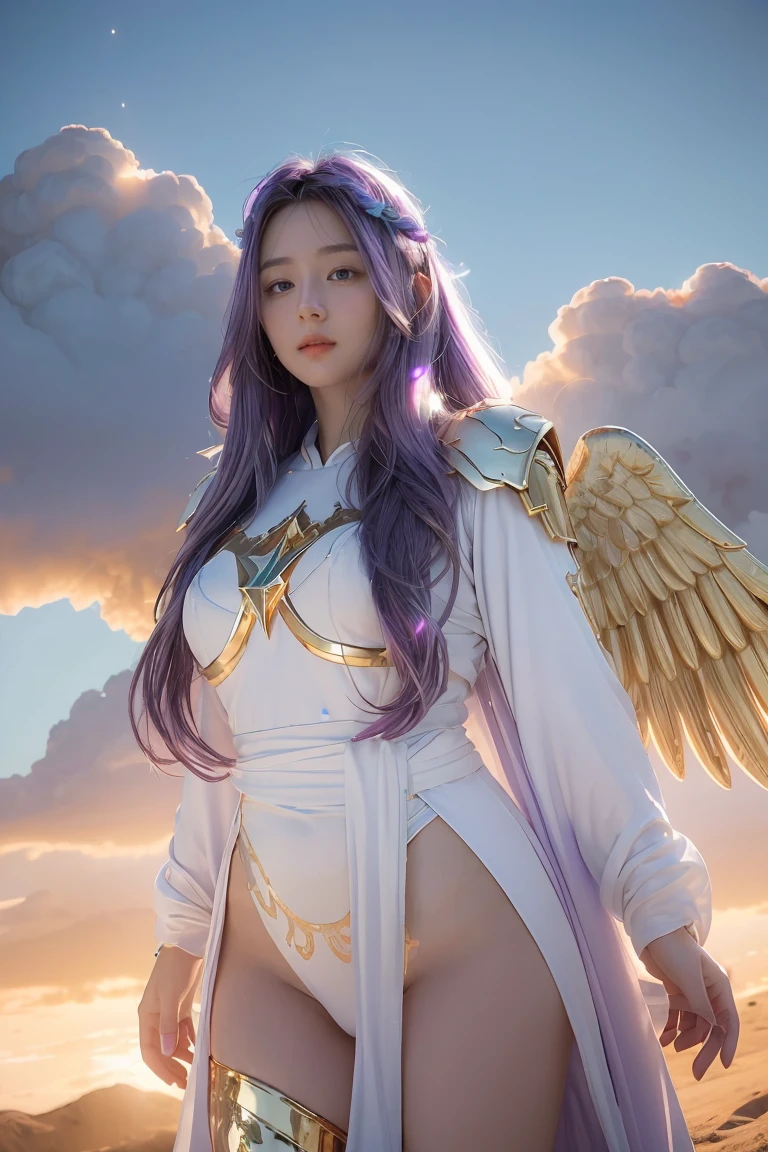 ((masterpiece, best quality, extremely detailed), volumetric lighting, ambient occlusion, colorful, glowing), 
1girl, solo, young girl, (purple hair), long hair, halo, aura, sacred, goddess, cleric suit, (white outfit with gold detailst:1.3), angel wings,
outdoors, sunset, sky, clouds, space, (fantasy theme:1.2),