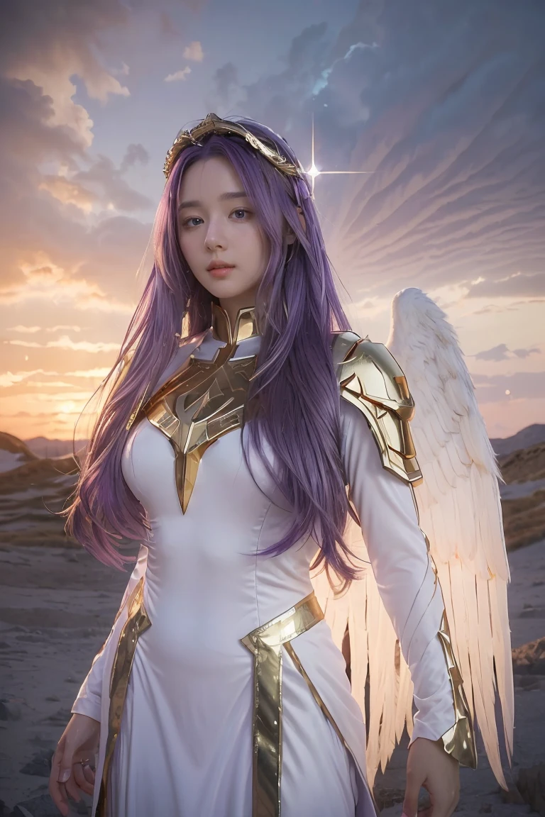 ((masterpiece, best quality, extremely detailed), volumetric lighting, ambient occlusion, colorful, glowing), 
1girl, solo, young girl, (purple hair), long hair, halo, aura, sacred, goddess, cleric suit, (white outfit with gold detailst:1.3), angel wings,
outdoors, sunset, sky, clouds, space, (fantasy theme:1.2),