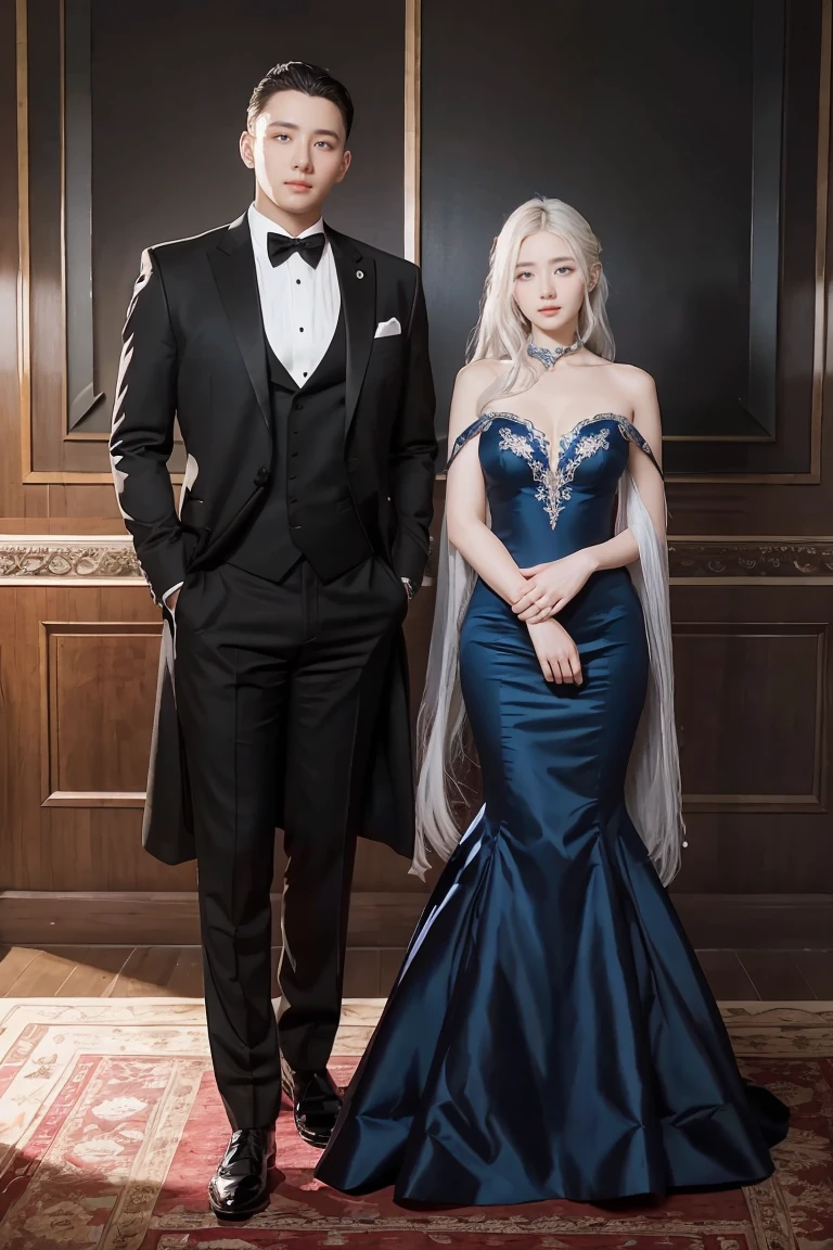 there are two people dressed in formal clothing posing for a picture, wlop and sakimichan, artwork in the style of guweiz, wlop and ross tran, wlop and andrei riabovitchev, neoartcore and charlie bowater, loish and wlop, knight and princess, loish and ross tran, with white hair