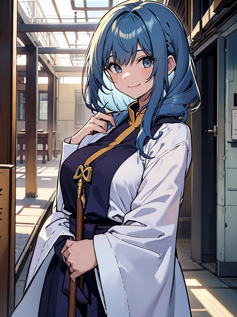 Girl, monk, blue hair, long straight hair, white clothes, monk's staff, smiling