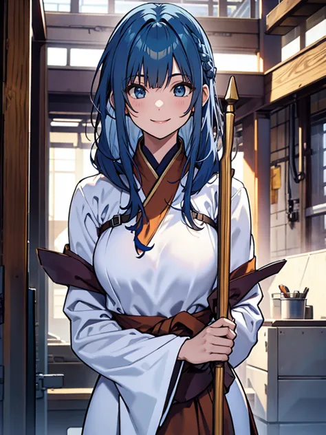 Girl, monk, blue hair, long straight hair, white clothes, monk's staff, smiling