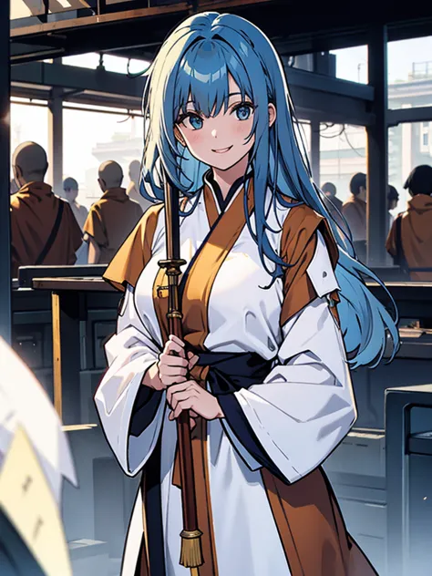 Girl, monk, blue hair, long straight hair, white clothes, monk's staff, smiling