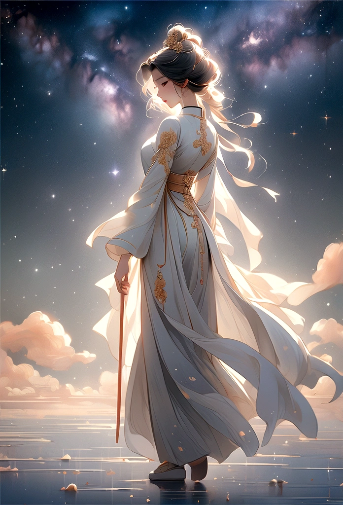 杰作, 最好的质量: 1.4)， 详细背景，中国古代美丽的女仙子、一名女性、后视图、优美的站姿、脚下的云朵、飘带，纱布，飘然，仰角，银河真是奇妙，满月是空的，