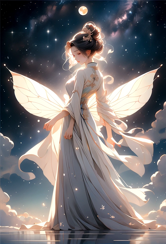 傑作, 最好的品質: 1.4)， 詳細背景，中國古代美麗的仙女、一名女性、後視圖、美麗的站立姿勢、雲在你腳下、流光，紗布，飄然，仰角視角，銀河系真是奇妙，滿月是空的，