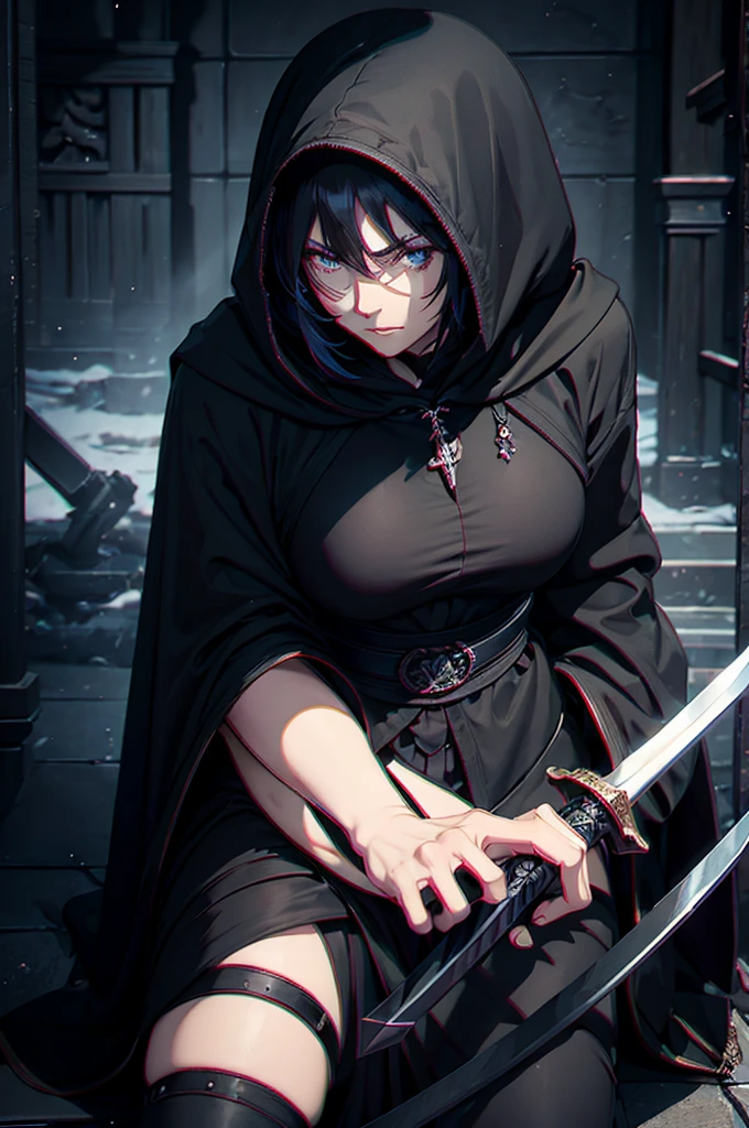 A middle-aged woman, with a black hooded cloak and a huge sword on his back, sat with a serious expression in the temple at nightPerfect details, frontal view, facing the camera, ultra-high definition, 32K, medium shot, anime style, 000068